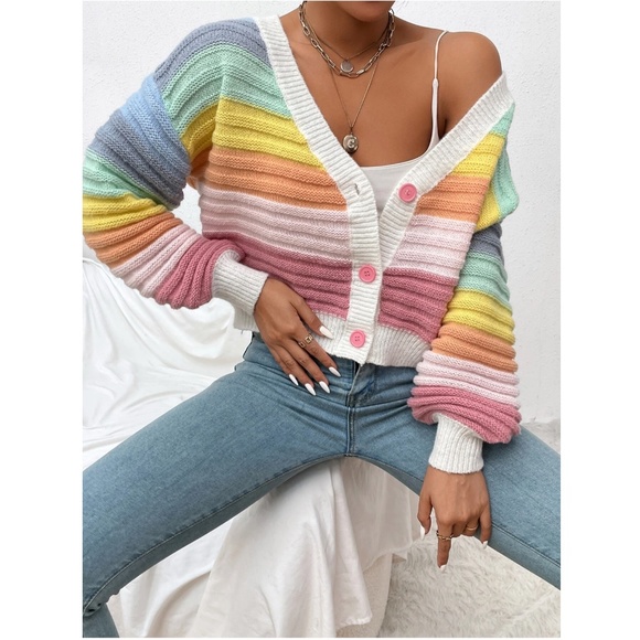Rainbow Colors Fun Knit Cardigan Sweater Button Front V-Neck - Picture 8 of 10